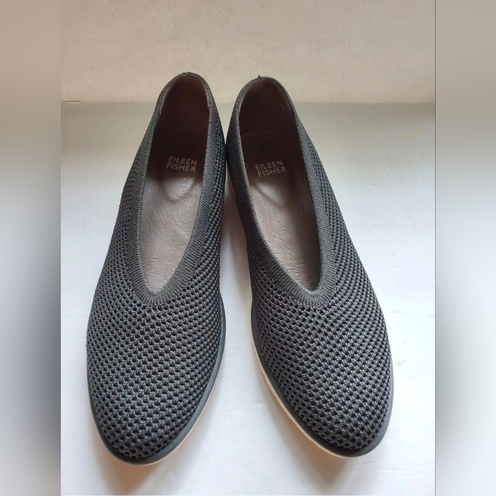 Eileen Fisher Shoes Heaven Stretch Knit Low Wedge V-Shaped Upper Flat Gray  8.5